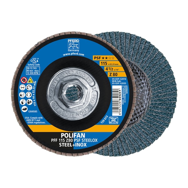 Pferd 4-1/2" x 5/8-11 Thd. POLIFAN Flap Disc - Z PSF STEELOX, Zirconia, 80 Grit, Flat 62035 - main